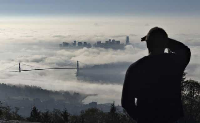 A man looks out over fog covered downtown and Lions Gate Bridge in Vancouver, British Columbia October 17, 2013 in this view from nearby Cypress Mountain. (Photo by Andy Clark/Reuters)
