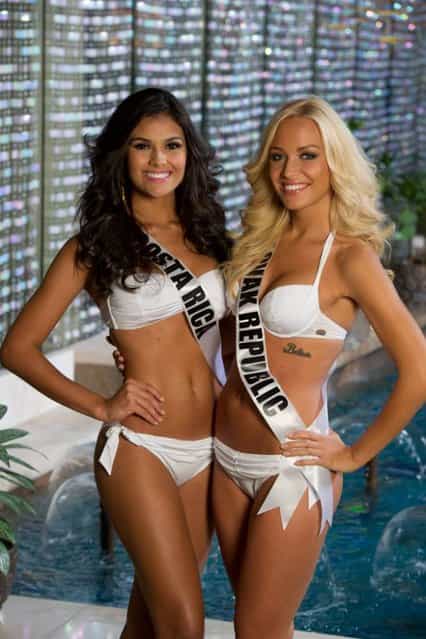 A handout picture provided by the Miss Universe Organization on 23 October 2013 shows Fabiana Granados (L), Miss Costa Rica 2013 and Jeanette Borhyova, Miss Slovak Republic 2013 posing for the presentation of swimwear collection Yamamay for Miss Universe at the Crowne Plaza Moscow World Trade Centre in Moscow, Russia, 23 October 2013. The 2013 Miss Universe Pageant will take place at the Crocus City Hall in Moscow on 09 November. (Photo by Darren Decker/EPA/Miss Universe Organization)