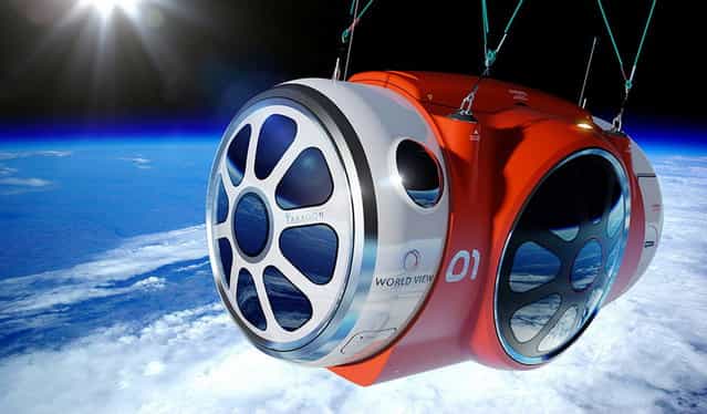 An artist rendering from World View Enterprises, Inc. released on October 22, 2013, shows a six-passenger, two-pilot pressurized capsule that is being designed to fly in Earth's stratosphere, about 19 miles (30 km) above the planet's surface. Hoping to cash in on a growing appetite for adventure, an Arizona startup has unveiled plans for a balloon ride to the stratosphere, offering passengers about two hours of space-like views from 19 miles (30 km) above Earth. Privately owned World View, an offshoot of Paragon Space Development Corp., plans to start selling tickets at $75,000 per person within a few months, said Chairwoman and President Jane Poynter. The company expects to begin flight tests of a demonstration vehicle this year in Arizona and could be flying passengers within three years, Poynter said. (Photo by Reuters/World View Enterprises, Inc.)