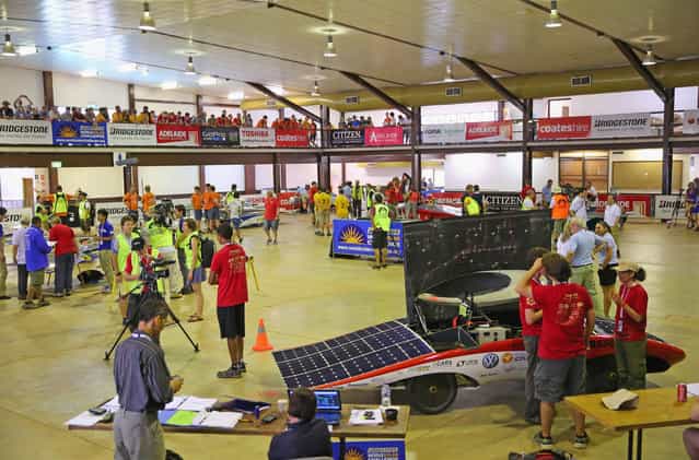 A general view as solar cars are presented to the scrutineers for inspection and confirmation of their regulatory compliance and structural integrity on October 2, 2013 in Darwin, Australia. (Photo by Scott Barbour/Getty Images for the World Solar Challenge)