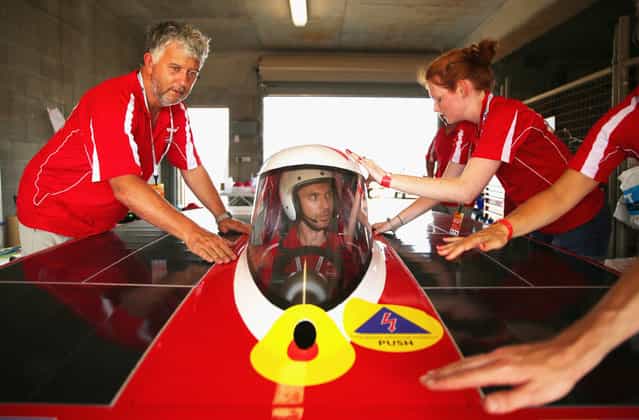 Chris Ahearn, driver of Arrow1 from Team Arrow, Associated with Queensland University of Technology in Australia prepares for a testing session at Hidden Valley Raceway on October 2, 2013 in Darwin, Australia. (Photo by Scott Barbour/Getty Images for the World Solar Challenge)