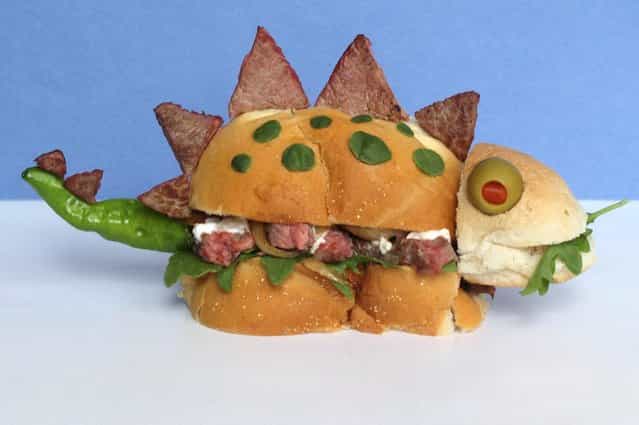 [Kasia Haupt's sandwich monsters: Steak-o-Saurus]. (Photo by Kasia Haupt/Caters News)