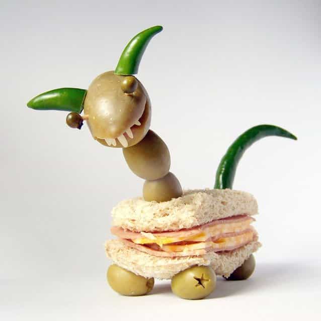[Kasia Haupt's sandwich monsters: Sandwich-saurus]. (Photo by Kasia Haupt/Caters News)