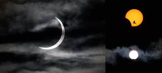 The eclipse is seen, clockwise from left, in Juba, South Sudan; Sidon, Lebanon; and Madrid, Spain. (Photo by Reuters, Associated Press)