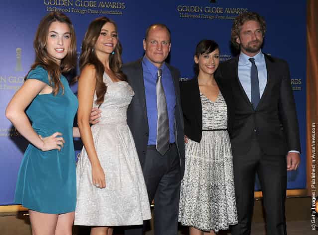 Miss Golden Globe Rainey Qualley, actors Sofia Vergara, Woody Harrelson, Rashida Jones, and Gerard Butler