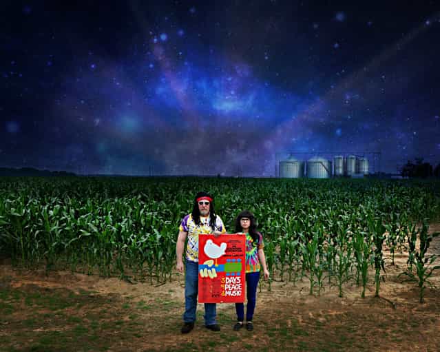[Searching for Woodstock. After 44 years, Sebastian Weed and Sapphire Skye find collective cosmic consciousness in a cornfield in Chickasaw County, Mississippi]. (Photo by Studio d'Xavier)