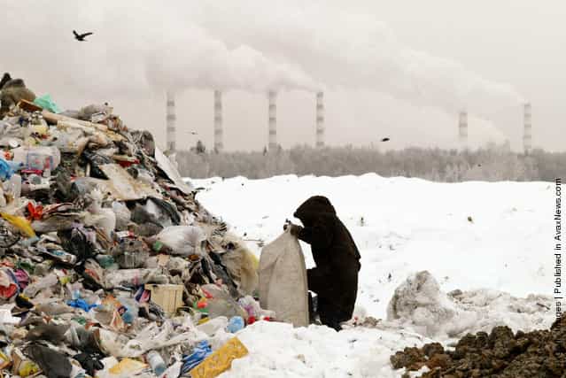 Homeless people scavenge for food on a rubbish tip near Moscow, Russia