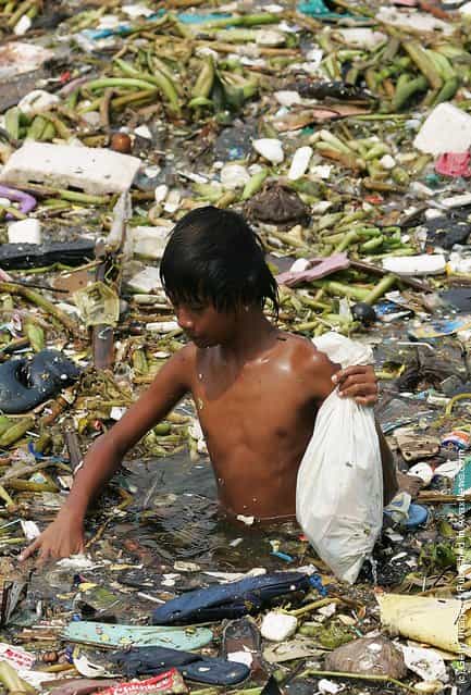A Philippine boy picks plastic waste from floating rubbish on the water near the Roxas Boulevard along the Manila Bay