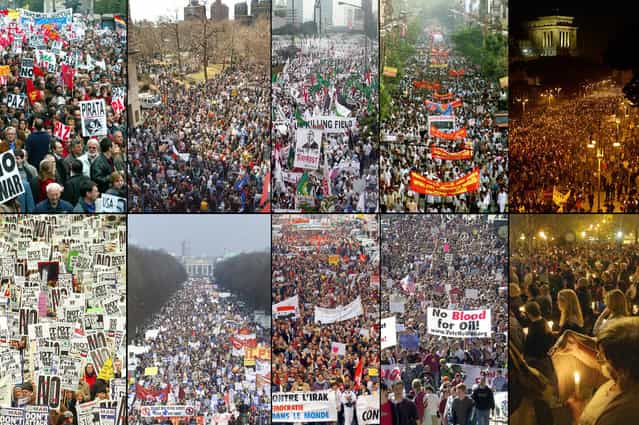 Protests against war in Iraq erupted around the world in March of 2003. This combination photo shows (from top left) large demonstrations in Madrid, New York, Jakarta, Calcutta, Rome, (2nd row) London, Berlin, Marseille, San Francisco, and Montevideo. (Photo by , in same order: Reuters, AP Photo/Louis Lanzano, Reuters/Pipit Prahara, Reuters/Sucheta Das, Reuters/Giampiero Sposito, Reuters/Peter Macdiarmid, AP Photo/Franka Bruns, AP Photo/Claude Paris, AP Photo/Noah Berger, and AP Photo/Marcelo Hernandez/The Atlantic)