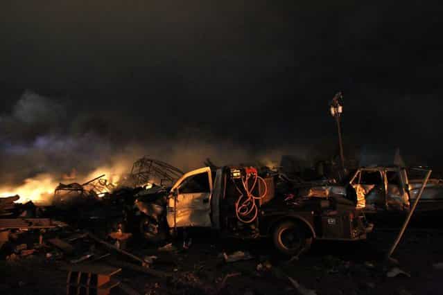 The remains of a fertilizer plant burn after an explosion at the plant in the town of West, near Waco, Texas early April 18, 2013. (Photo by Mike Stone/Reuters)