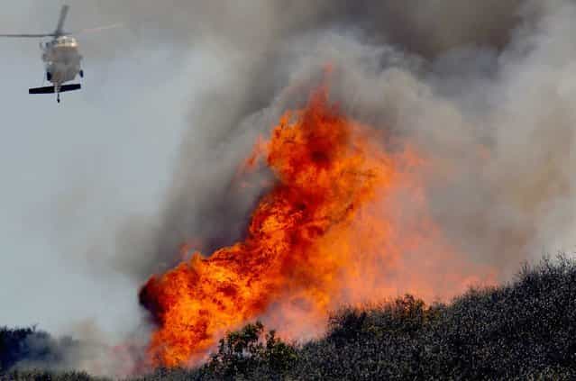 A helicopter makes a water drop on a hotspot over a hill near Thousand Oaks, Calif. on Thursday, May 2, 2013. Authorities have ordered evacuations of a neighborhood and a university about 50 miles west of Los Angeles where a wildfire is raging close to subdivisions. The blaze on the fringes of Camarillo and Thousand Oaks broke out Thursday morning and was quickly spread by gusty Santa Ana winds. Evacuation orders include California State University, Channel Islands. (Photo by Nick Ut/AP Photo)
