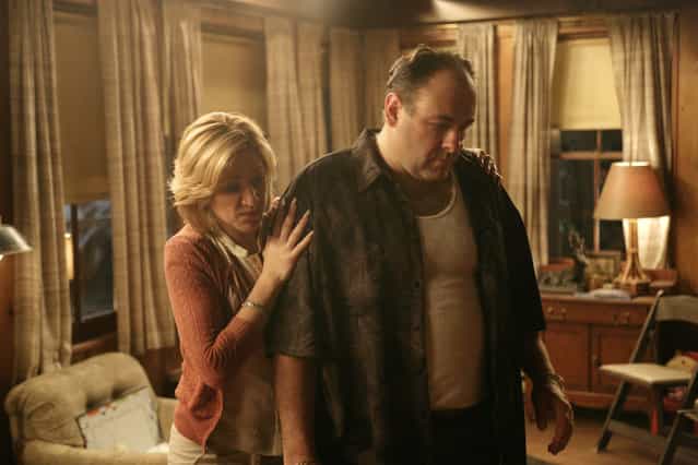 In this file photo, originally released by HBO in 2007, Edie Falco portrays Carmela Soprano and James Gandolfini is Tony Soprano in a scene from one of the last episodes of the hit HBO dramatic series [The Sopranos]. (Photo by Craig Blankenhorn/AP Photo/HBO)