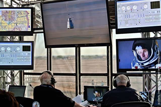 The mission control room is seen during the first manned test flight for Red Bull Stratos