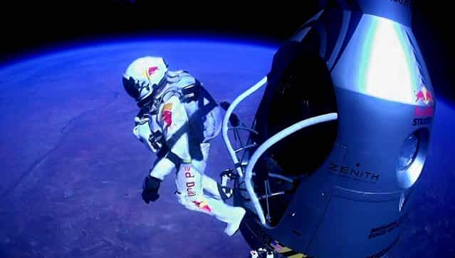 Baumgartner jumps out of the capsule during the final manned flight for Red Bull Stratos. Baumgartner shattered the sound barrier while making the highest jump ever. (Photo by Red Bull Stratos)