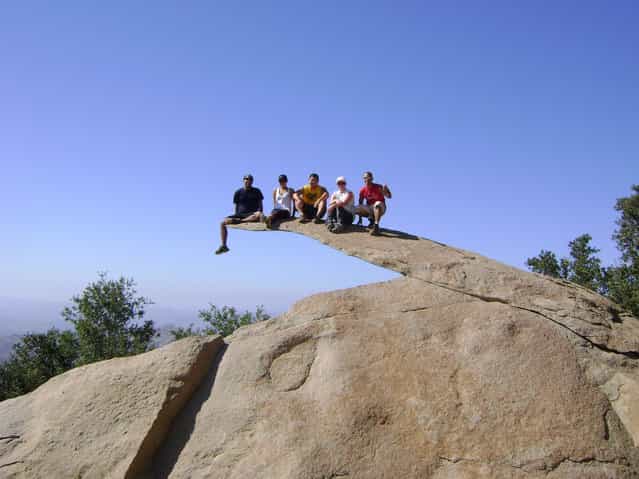 [Mt. Woodson Hikers: Hunter. Marleen. Jeff. Amy. Noel
We started at Poway Lake and ended up at Potato Chip Rock 0.2 mi below the summit]. (Photo by Noel Ruiz)