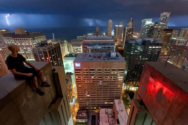 [One of the most awesome nights ever: the massive thunderstorm kept us entertained for hours! Ritz-Carlton Residences, Chicago, Illinois, USA]. (Photo by Marc)