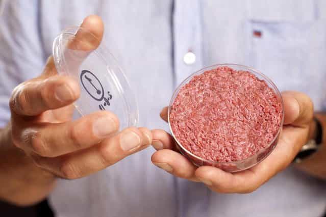 In this handout image provided by Ogilvy, a burger made from cultured beef, which has been developed by Professor Mark Post of Maastricht University in the Netherlands is shown to the media during a press conference on August 5, 2013 in London, England. Cultured Beef could help solve the coming food crisis and combat climate change with commercial production of Cultured Beef beginning within ten to twenty years. (Photo by David Parry via Getty Images)