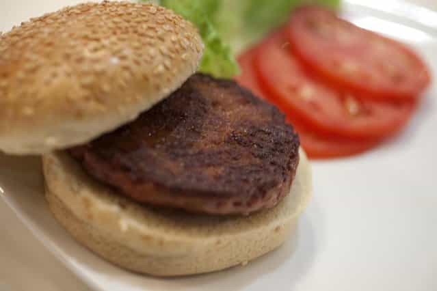 In this handout image provided by Ogilvy, a burger made from cultured beef, which has been developed by Professor Mark Post of Maastricht University in the Netherlands, is displayed at the world's first public tasting of the product on August 5, 2013 in London, England. Cultured Beef could help solve the coming food crisis and combat climate change with commercial production of Cultured Beef beginning within ten to twenty years. (Photo by David Parry via Getty Images)