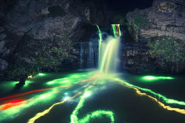 [Neon Luminance] glowstick waterfall photography, California, America. (Photo by Sean Lenz/Kristoffer Abildgaard)
