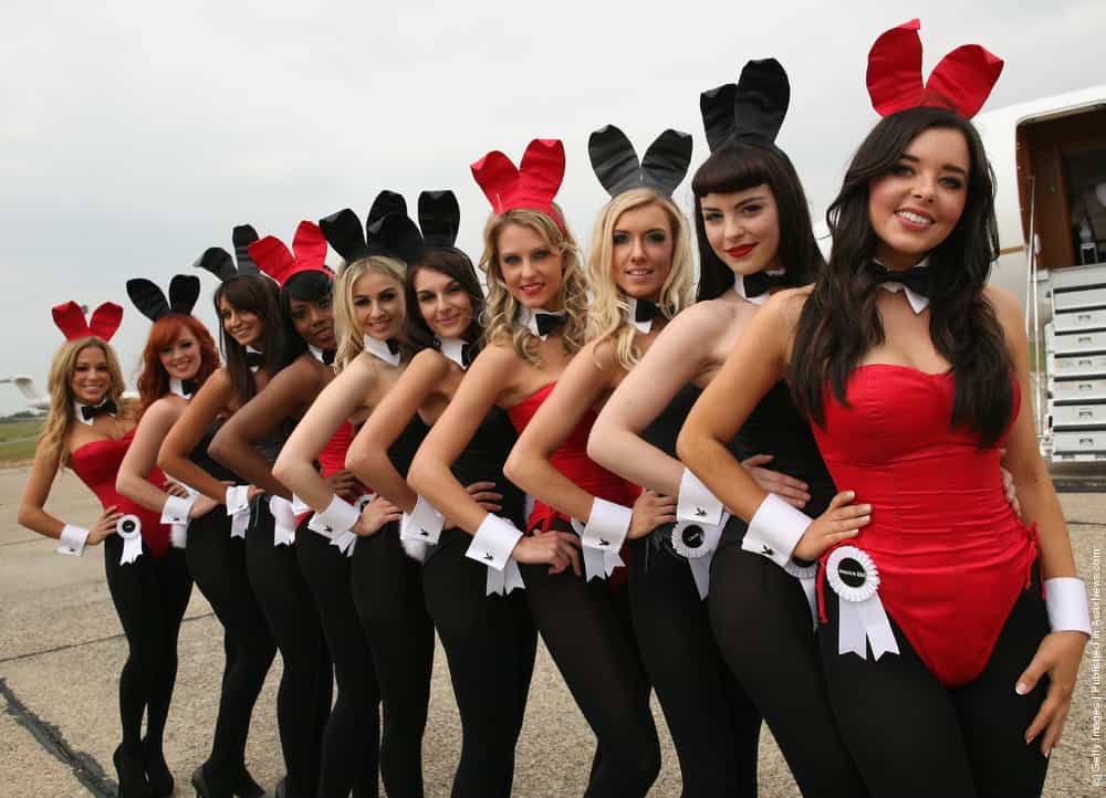 Hugh Hefner Arrives At Stansted Airport For Launch Of Playboy Club London.
